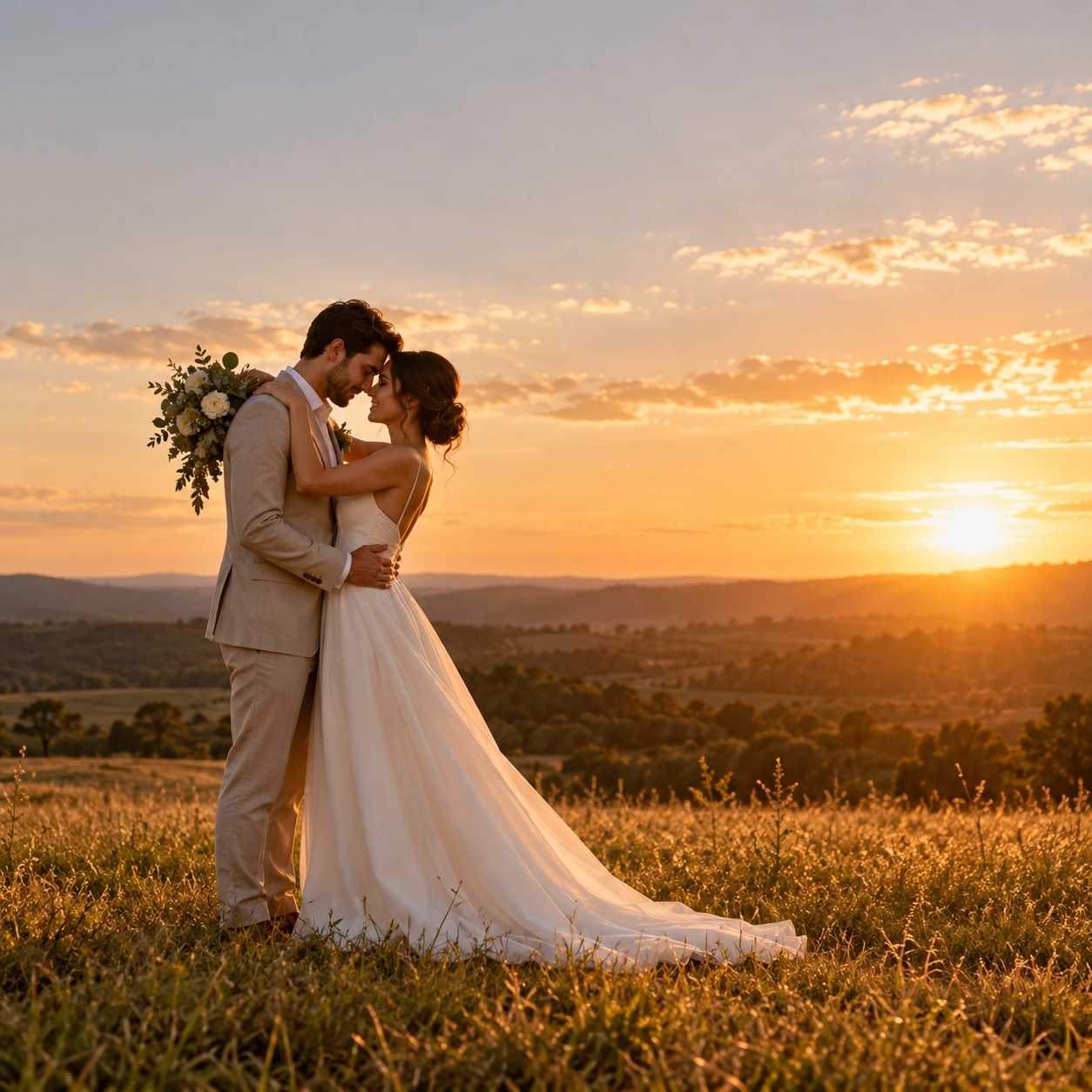 Casal de noivos abraçado ao pôr do sol