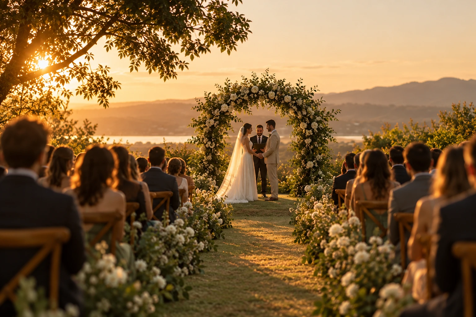 Cerimônia ao ar livre com convidados, arco de flores brancas e luz de fim de tarde