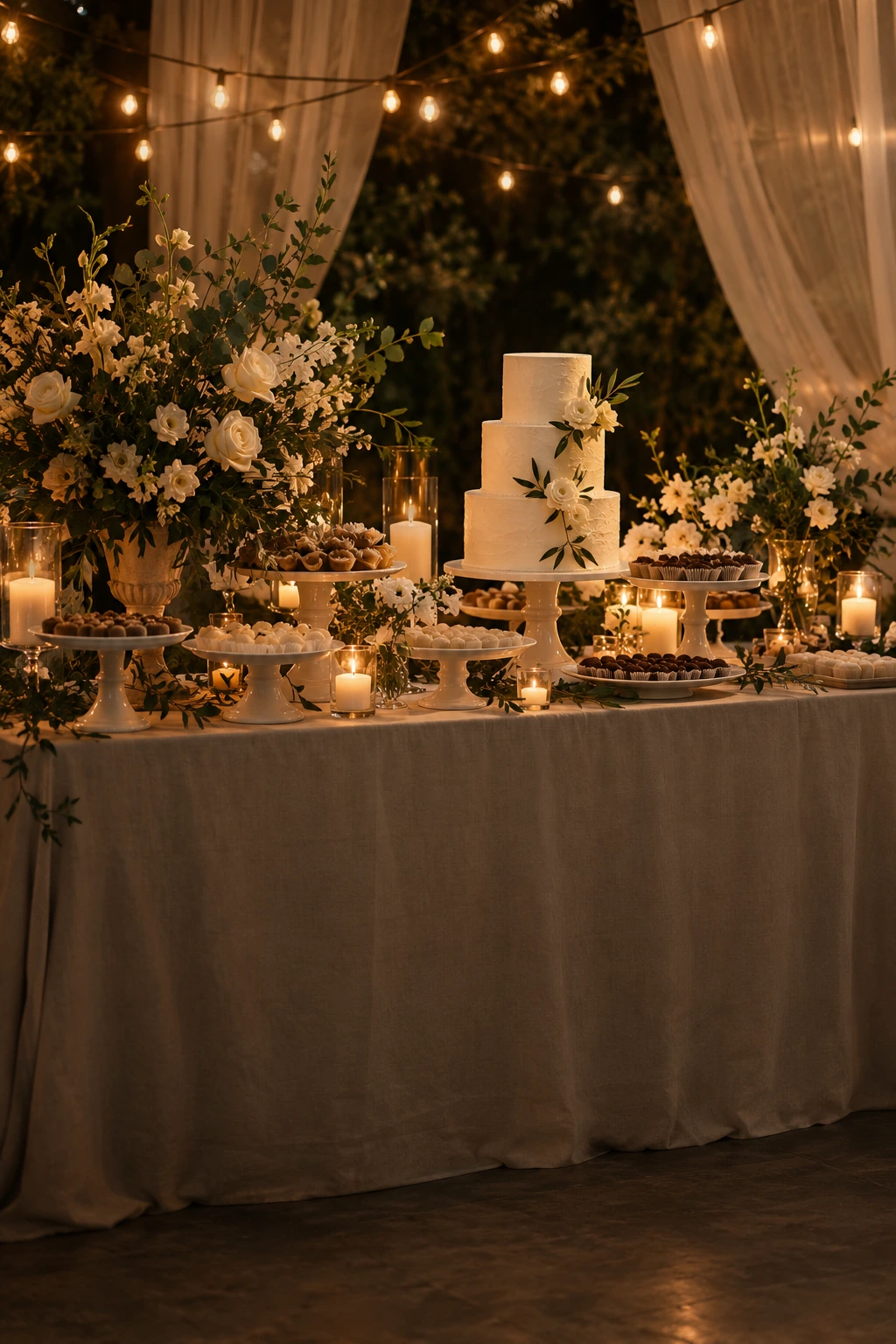 Mesa do bolo com flores brancas, doces, velas e luzes quentes