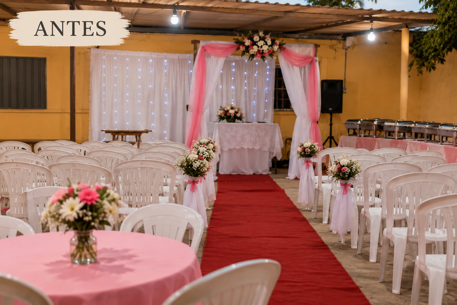 Antes: espaço com cadeiras de plástico, decoração rosa e tapete vermelho