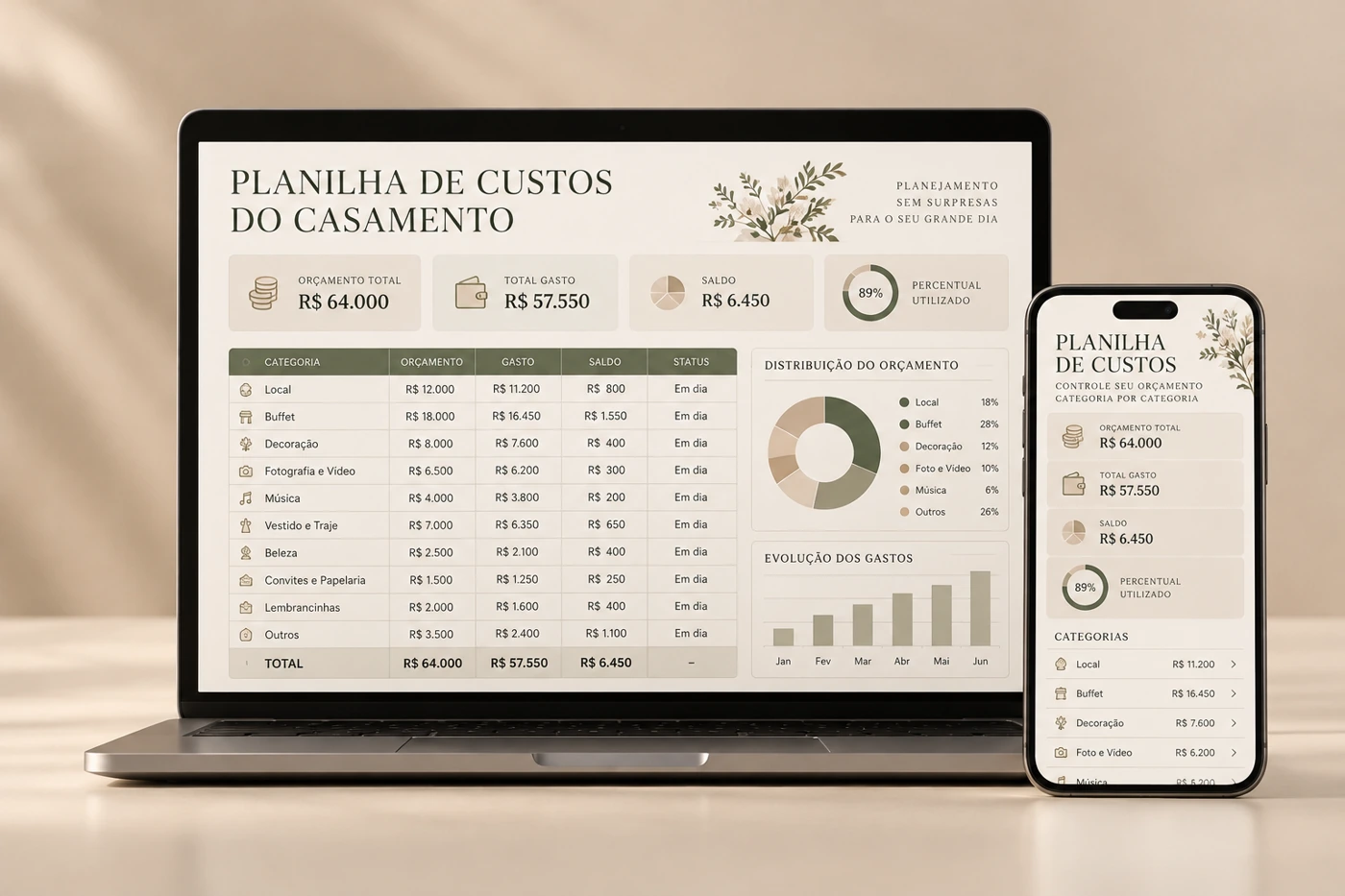 Mockup da planilha de custos em um computador e um celular