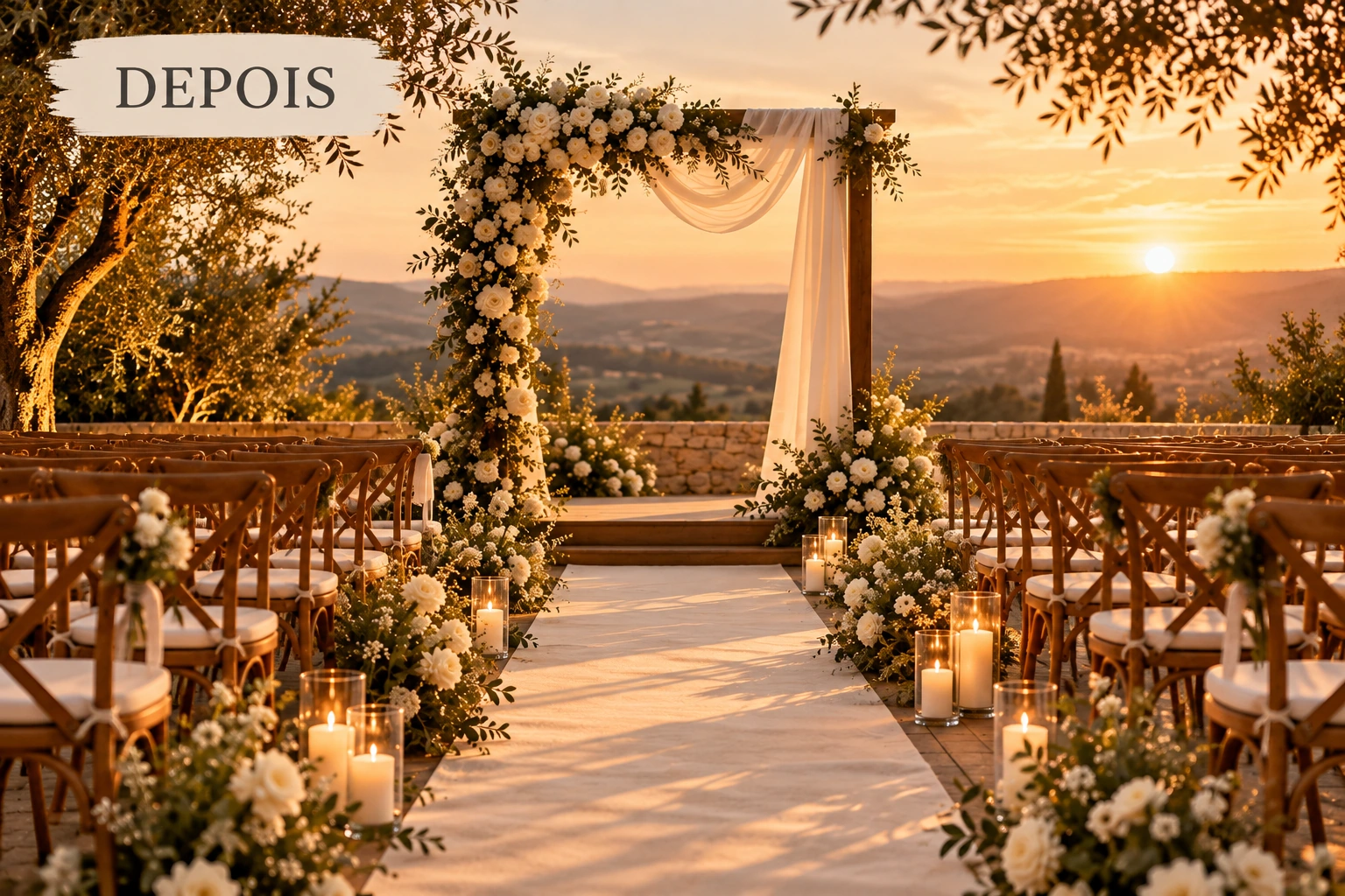 Depois: cenário com flores brancas, folhagens, cadeiras de madeira e luz do pôr do sol