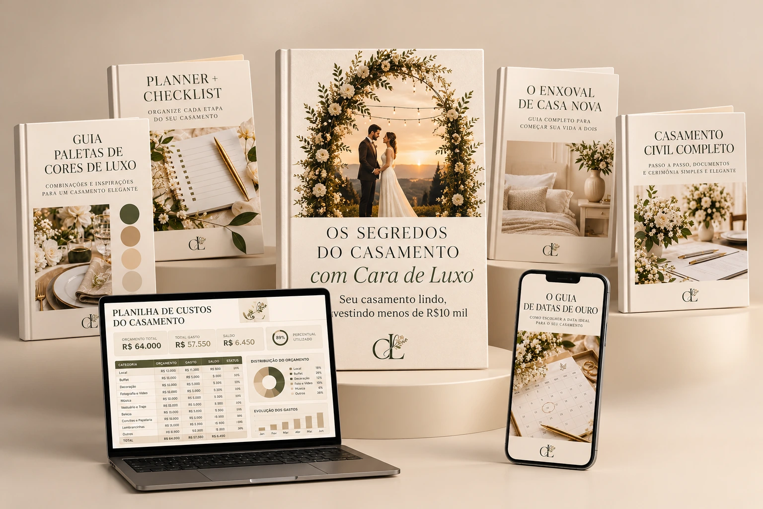 Kit completo com o ebook Casamento com Cara de Luxo, Planner + Checklist, guia de enxoval, guia do casamento civil, guia de paletas, guia de datas e planilha de custos